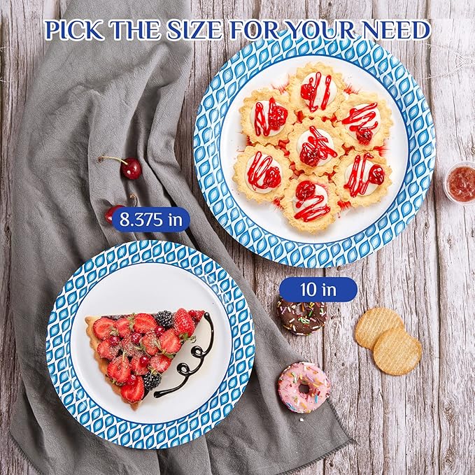 MUCHII Paper Plates 10 Inch, 150 Count Soak and Cut Proof, Blue Large Disposable Plates Bulk for Daily Use, Parties