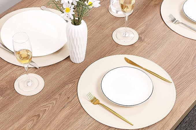 Set of 4 Faux Leather Round Placemats and Coasters, Coffee Mats Kitchen Table Mats, Waterproof, Easy to Clean for Kitchen Dining Round Table