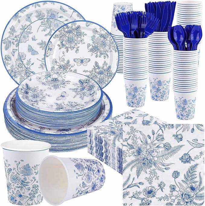 Kochorie 400 Pieces Blue and White Flower Disposable Party Tableware Sets Including Plates Cups Napkins Cutlery Serves 50 for Wedding Birthday Baby Shower Party Decorations