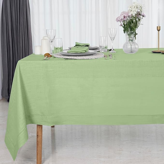 D'Moksha Homes Sage Green Linen Tablecloth for Rectangle Tables 60 x 102 Inch - Classic Hemstitch 100% Pure Linen Green Table Cloth - Machine Washable Dining Tablecloth for St Patricks Day, Easter