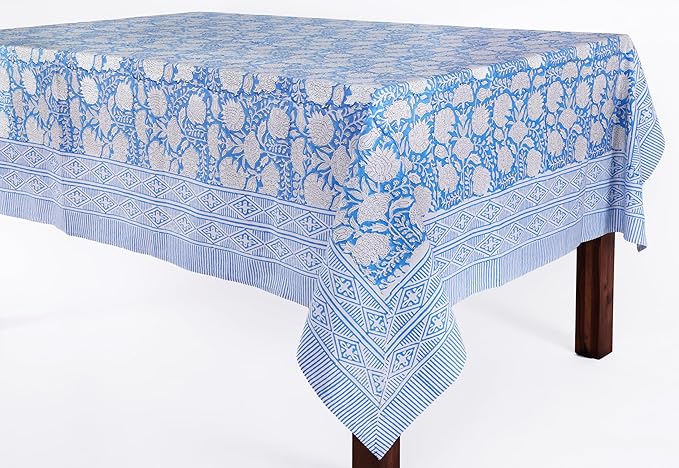 ATOSII Azora Blue 100% Cotton Rectangle Summer Tablecloth, Handblock Floral Table Cloth for Dining Table I Parties Wedding Outdoors I Grand Millennial Decor 60 X 108 Inches I 8 Seater Memorial Day