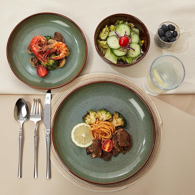 36 Piece Stoneware Dinnerware Sets, Ceramic Plates and Bowls Set, Microwave & Dishwasher Safe Kitchen Dish Set, Modern Dinner Salad Plates | Cereal Bowls for 12, Dishware Sets Sage Green