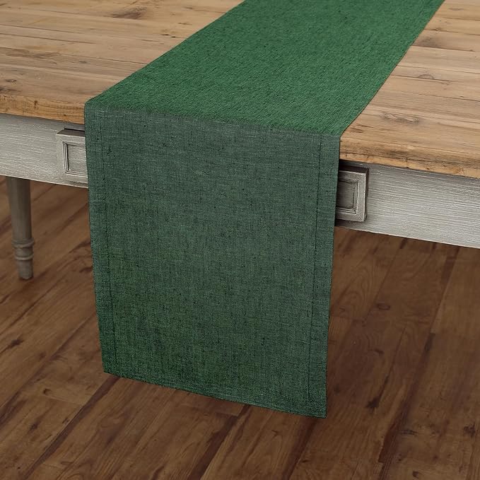 Solino Home Linen Small Table Runner 60 Inches - Athena, 100% Pure Linen Forest Green Table Runner 14 x 60 Inch Ideal for Dresser and Coffee Tables - Winter, Easter, St Patricks Day