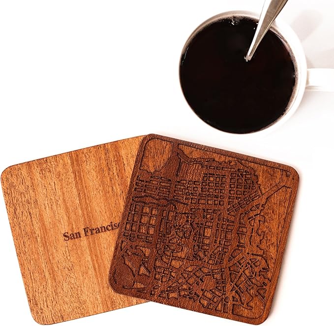 San Francisco Map Coaster by O3 Design Studio, Set Of 4, Sapele Wooden Coaster With City Map, Handmade