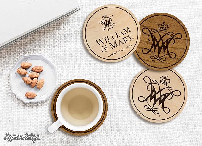 LazerEdge William & Mary Tribe Wooden Coaster Set - Cherry Wood - Officially Licensed Product - 4-Pack