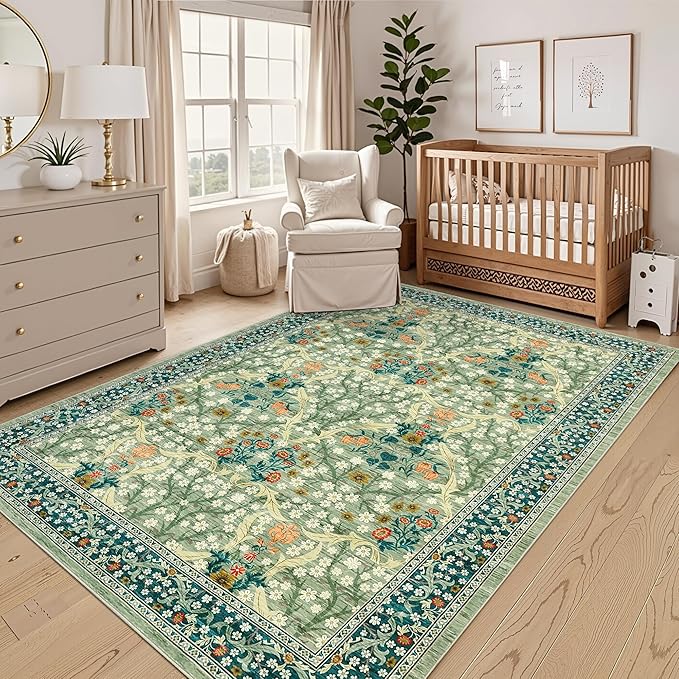 GarveeHome Floral Area Rugs 5x7, Sage Green Washable Rug for Living Room, Bedroom, Low Pile Non Slip Stain Resistance Indoor Boho Carpet Mat for Farmhouse, Dining Room, Office