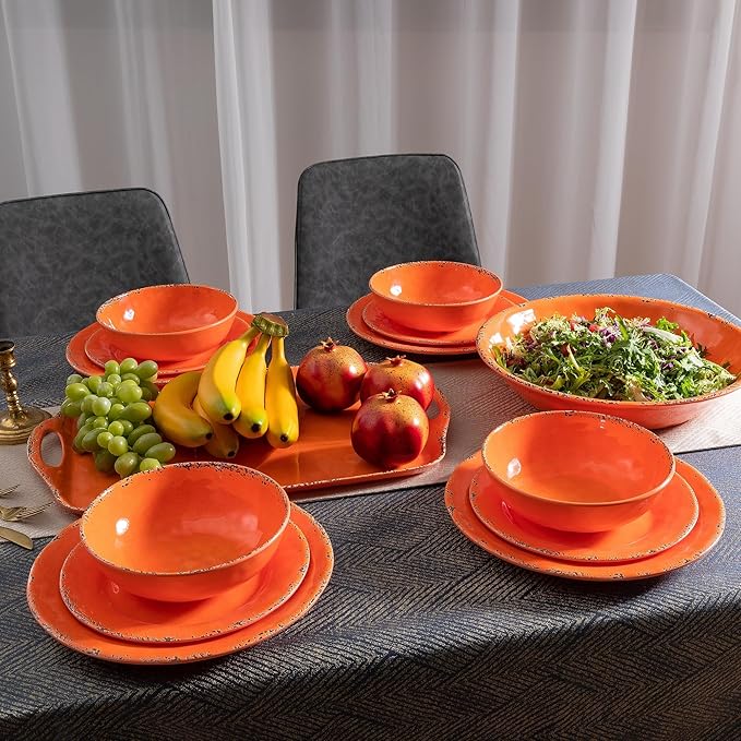 Melamine Salad Plates Set of 6, Lightweight Dessert Plate, 9 Inch Small Dinner Plate, Farmhouse Plates for Lunch, Cake, Bread, Snack, or Appetizer, Orange Color