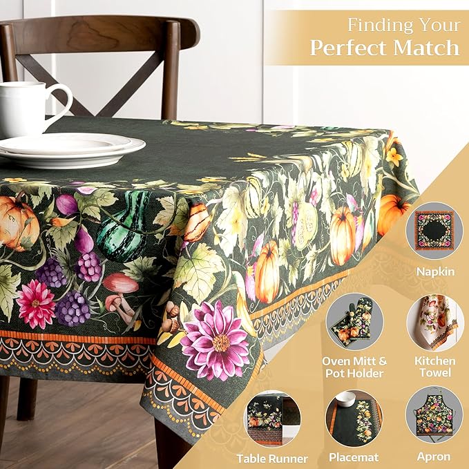 Maison d' Hermine Table Cloth Rectangle Table 100% Cotton 54 x 72 Inches Fall Tablecloth Reusable Everyday Use for Thanksgiving Christmas Decorations Dining Farmhouse (Pumpkin Garden - Dark Green)