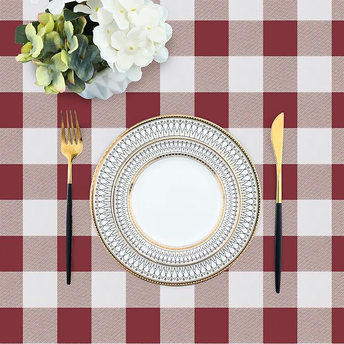 misaya Square Waterproof Vinyl Table Cloth, Buffalo Flannel Backed Tablecloth, Wipeable Plastic Table Cover for Valentine's Day, Dinner, Kitchen, Outdoor (60" x 60", Burgundy and White)