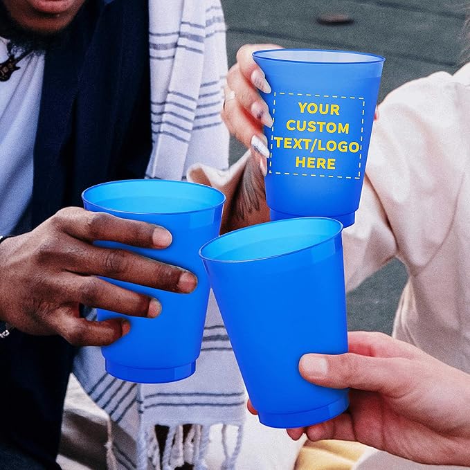 DISCOUNT PROMOS Custom Frosted Plastic Stadium Cups, 100 pack, Promotional Text, Logo, 16 oz. Shatterproof Flexible Reusable Party Cups, Blue