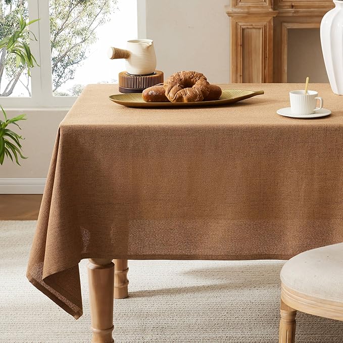 Linen Tablecloth for Rectangle Table, 60x84 Inch Caramel, Farmhouse Style Brown Tablecloth, Water Resistant Burlap Tablecloths for Dining Table Farmhouse Kitchen
