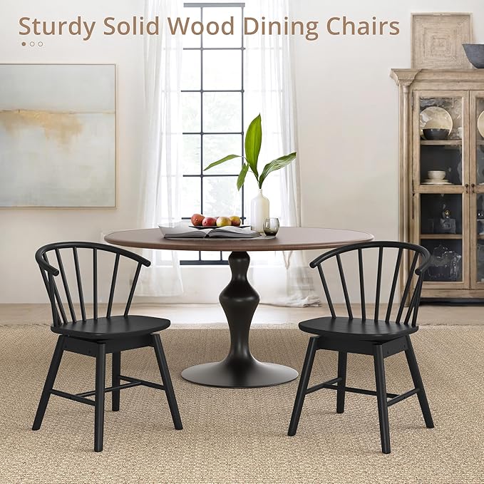 LUE BONA Black Dining Chairs Set of 8, Swivel Windsor Wood Dining Chairs with Semicircular Backrest, Spindle Dining Chair for Kitchen and Dining Room, 18 Inch