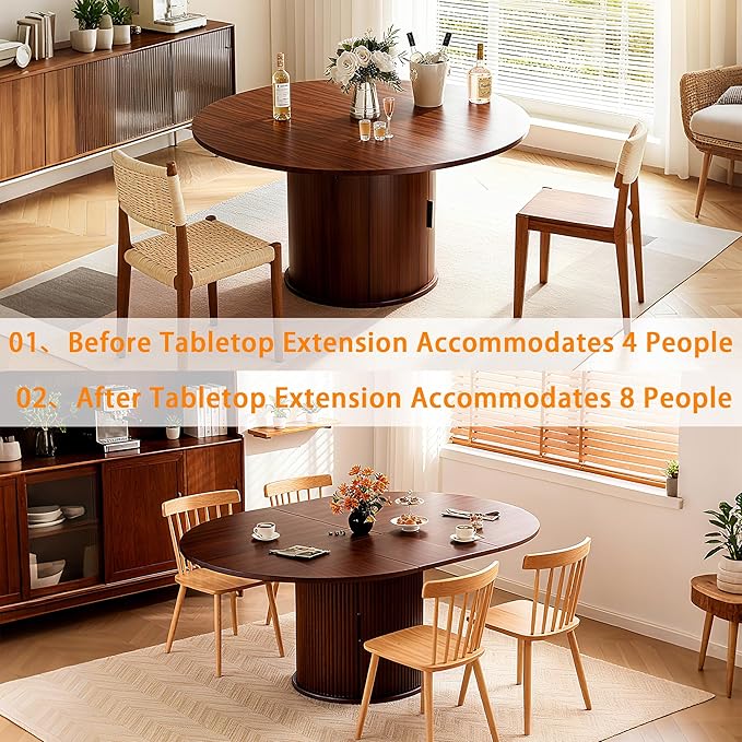 Extendable Round/Oval Dining Table Seats 2-4-6, 59" Modern Farmhouse Design with 2-Tier Storage & Fluted Slide Door, Dining Room Kitchen Furniture (Walnut, 59 inches)