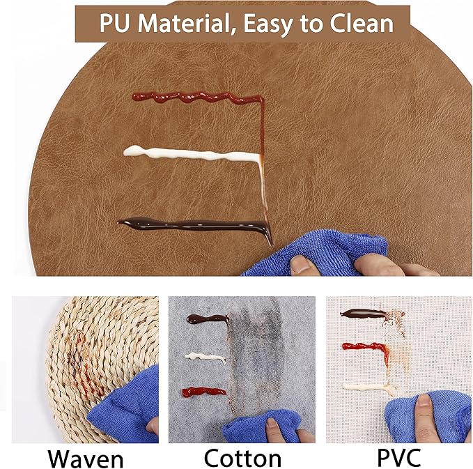 Set of 8 PU Leather Placemats, Waterproof Coffee Coasters, Kitchen Table Mats, Easy to Wipe Off for Dining Round Table