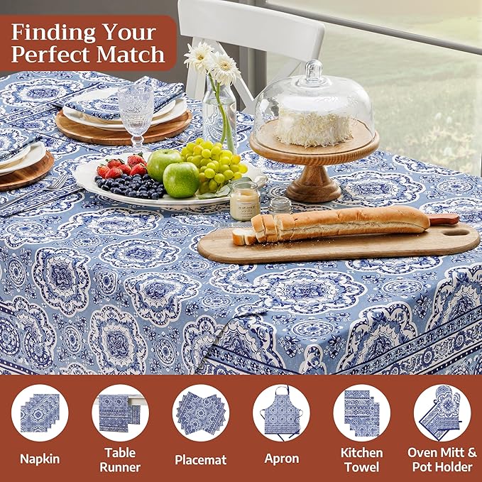 Maison d' Hermine Table Cloth Rectangle Table 100% Cotton 60 x 108 Inches Tablecloth Reusable Decorative for Dining Room Farmhouse Home Valentines Day Decorations Spring Summer - Melodie Bleue