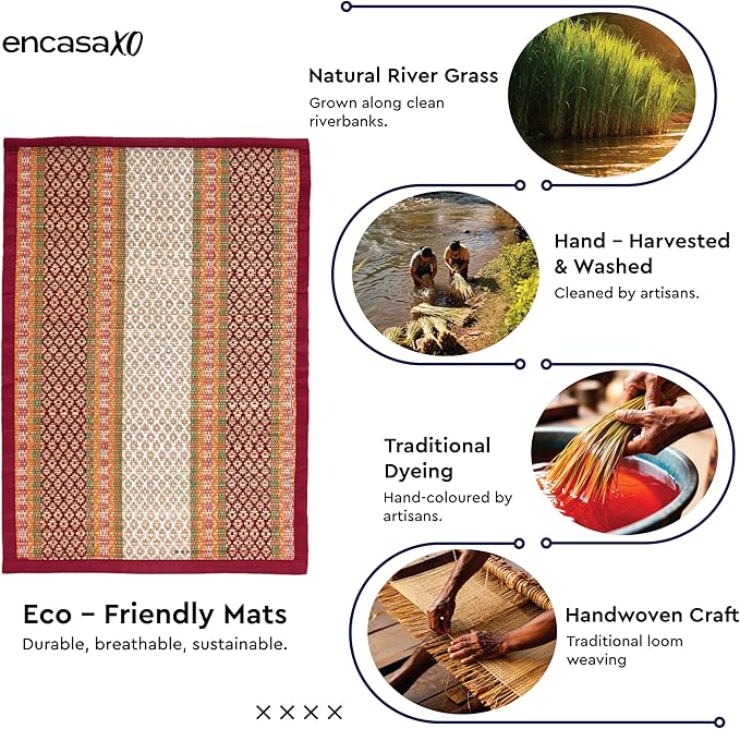 Encasa XO Woven Red Placemats Set of 4 – 12" x 17" | Handwoven Madurkathi Grass Table mats for Dining Table, Kitchen & Outdoor Decor | Durable & Heat‑Resistant