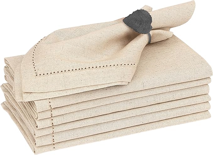 Ruvanti Premium Linen Napkins Set of 6-20x20 Inch, Classic Hemstitch, Mitered Corner Cloth Napkins ‎- Soft, Elegant Dinner Napkins Cloth Washable for Weddings, Parties, Everyday Use - Natural