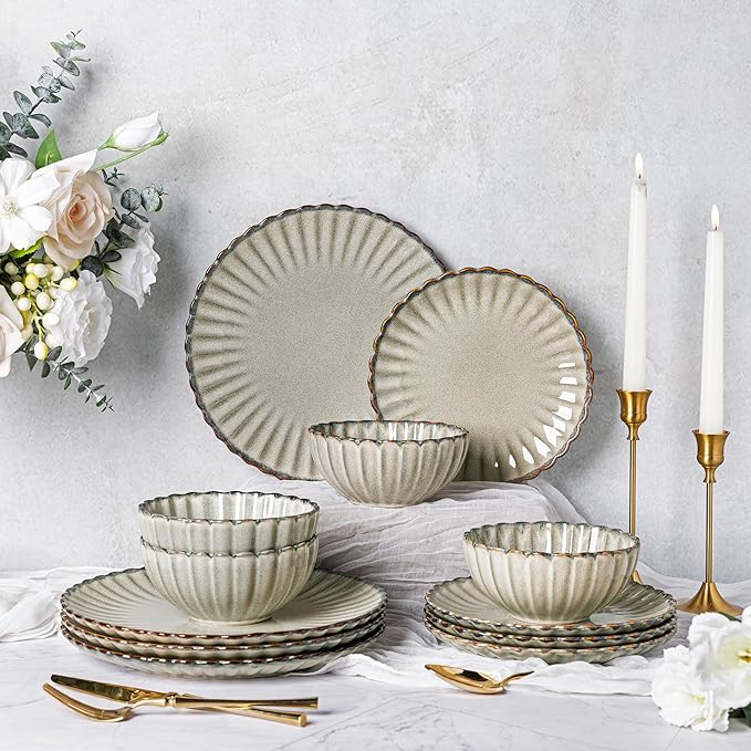 GBHOME Stoneware Dinnerware Sets for 4,Handcrafted Embossed Design Reactive Glaze Ceramic Plates and Bowls, Dishwasher and Microwave Safe, Service for 4(12pcs),Green Wheat