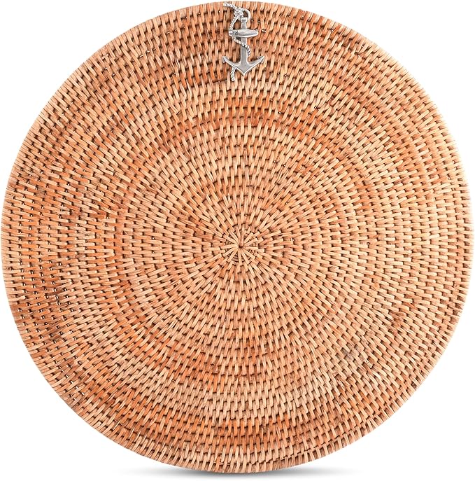 Vagabond House Large Woven Rattan Placemats Set of 4, Durable Wicker Placemats with Pewter Anchor Accent, Quality Rattan Chargers, Ideal for Coastal Beach Home