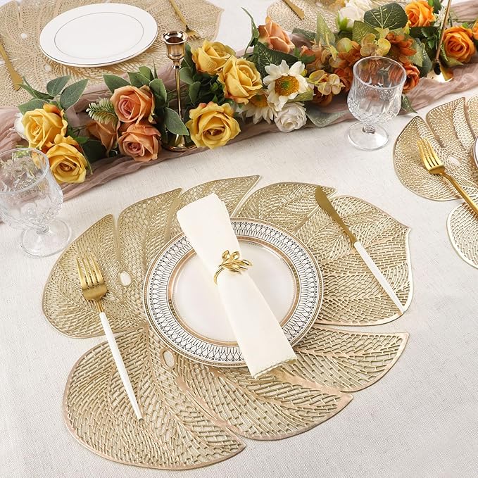 Evevda Gold Leaf Shaped Vinyl Placemats for Dinner Table Set of 6 Metallic Plastic Gold Place Mats Wipeable 6Pcs Table Mats for Wedding Annersary Dinner Table Decoration Mats(17.7x13.8inch/45x35cm)