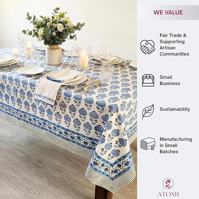ATOSII Roma Blue 100% Cotton Boho Square Fall Tablecloth, Handblock Floral Print Table Cloth Linen for Kitchen Dining I Parties, Outdoors, Weddings, Christmas, Thanksgiving Decor 60 X 60 Inches