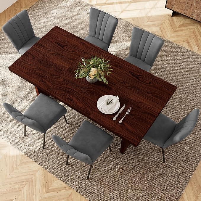 7-Piece Dining Table Set for 6 People, 70.8" MDF Kitchen Table with 6 Velvet Chairs, Space-Saving for Dining Room, Breakfast Nook(Walnut Table+6 Grey Chairs)