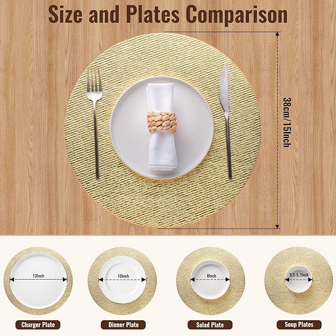 Jovono 15" Faux Leather Big Round Placemats Set of 4 - Washable Heat Resistant Non-Slip Dining Table Mats with Fabric Texture for Kitchen Home Party Wedding Decor, Gold