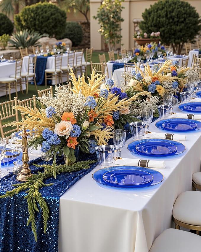 Hioasis 60pcs Blue Gold Plastic Plates - Gold Disposable Dinnerware Set, 30pcs Dinner 10.25in & 30pcs dessert 7.5in plates with striped designs for party & wedding