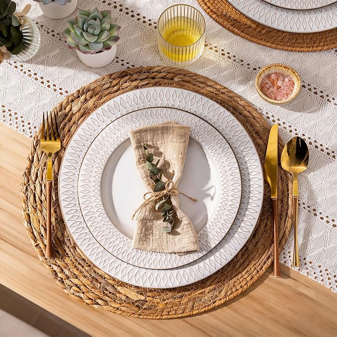 GBHOME Ceramic Dinnerware Sets,12 pcs Embossed Elegant Stoneware Plates and Bowls Sets, Housewarming Wedding Gift | Dishwasher & Microwave Safe | Dishes Set Service for 4