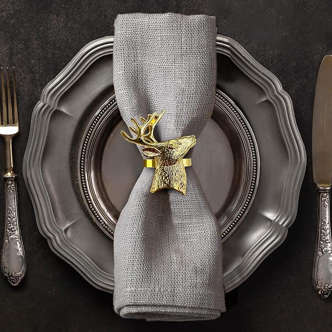 Decozen Set of 4 Gold Napkin Rings in Stag Design, Festive, Table Decor Setting for Holiday, Wedding, Birthday, Kitchen, Home Decor, Housewarming Gift - Thanksgiving & Christmas Gift Decoration