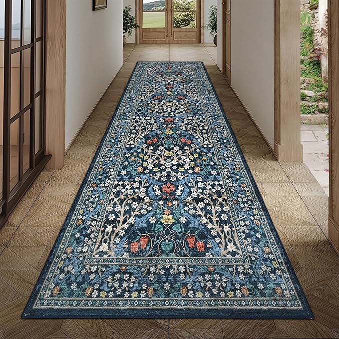 GarveeHome Floral Hallway Runner Rug Non-Slip, 2.5x10 Washable Rugs Ultra-Thin Soft Rug for Hallways, Kitchen Mat Stain Resistant Carpet for Entryway Bathroom, Dark Blue