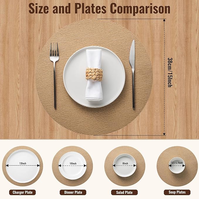 Jovono 15" Faux Leather Big Round Placemats Set of 6 - Washable Heat Resistant Non-Slip Dining Table Mats with Fabric Texture for Kitchen Home Party Decor, Yellow