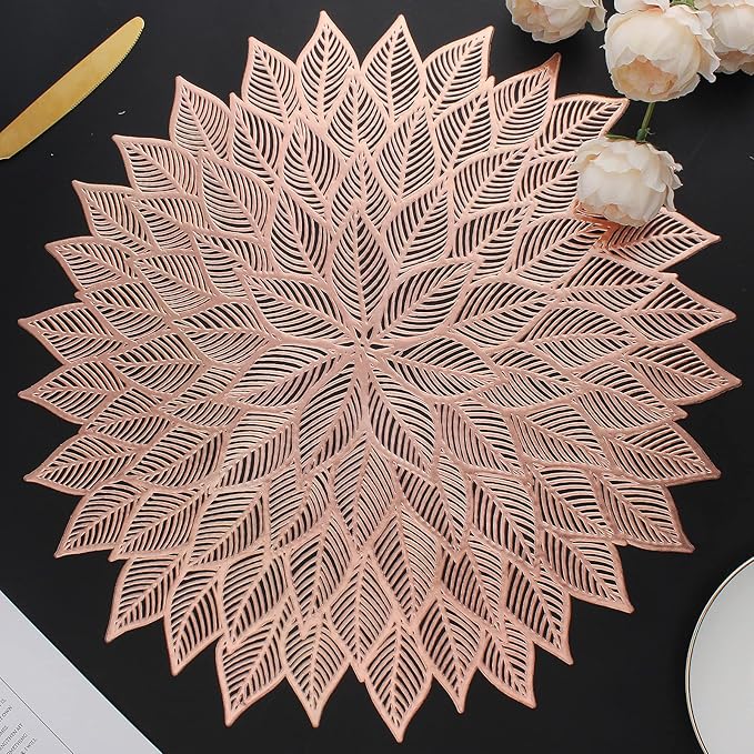 Placemats Set of 8, Round Hollow Out Flowers Place Mats for Dining Table Pressed Vinyl Blooming Leaf Table Mats for Holiday Party Wedding Accent Centerpiece Dinner Table Decoration (Rose Gold)