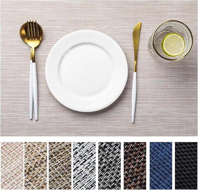 LEXMORE Placemats Set of 8 Vinyl/Plastic Woven Place Mats for Kitchen Table Indoor/Outdoor Washable Placemat Wipeable Dining Table Mats(Beige)