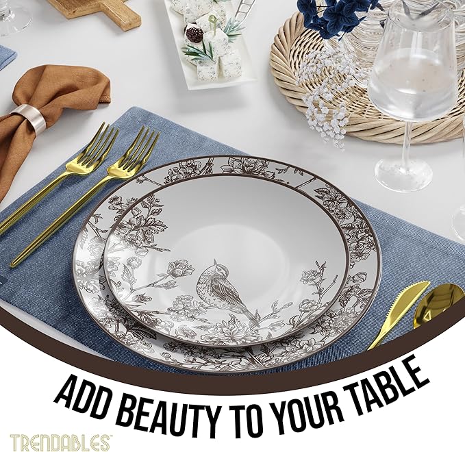 Trendables Disposable Dinnerware Sets Vintage Plates Plastic Disposable Plates Set For 20 Guests 20 x 8 Inch Dessert Plate & 20 x 10 Inch Wedding Plates & Party Plates Rustik