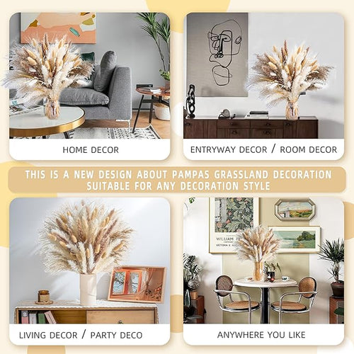 120PCS Natural Pampas Grass Mix Bouquet | Dried Pampas Bouquet for Wedding Boho Flowers Home Table Decor Desk Decor, Rustic Farmhouse Decor (120PCS)
