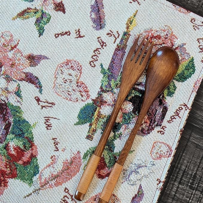 DaDalogy Set of 4-Pieces Authentic Tapestry Placemats - Spring Floral Vintage Looking Love Notes Quil Romantic British Roses - Heart Decorative Woven Dining Under Plate Table Mats - 13” x 19”