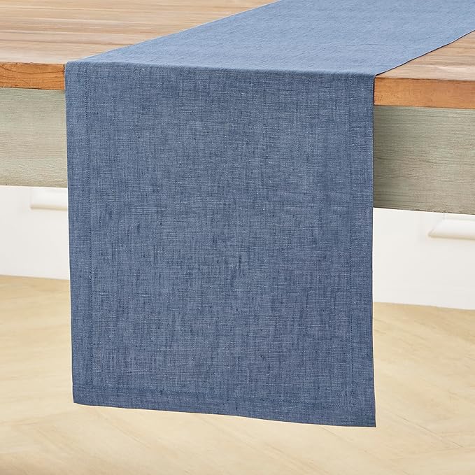 Solino Home Linen Table Runner 36 Inches - 100% Pure Linen Blue Denim Table Runner 14 x 36 Inch Ideal for Dresser and Coffee Tables - Athena, Winter, Spring, Easter