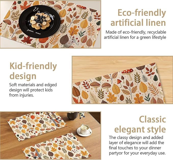 Fall Plastic Placemats, Halloween Thanksgiving Vinyl Placemats 12x18 Inch Waterproof Non-Slip Washable Table Mats for Kitchen Dining Party Table Decor,Set of 6