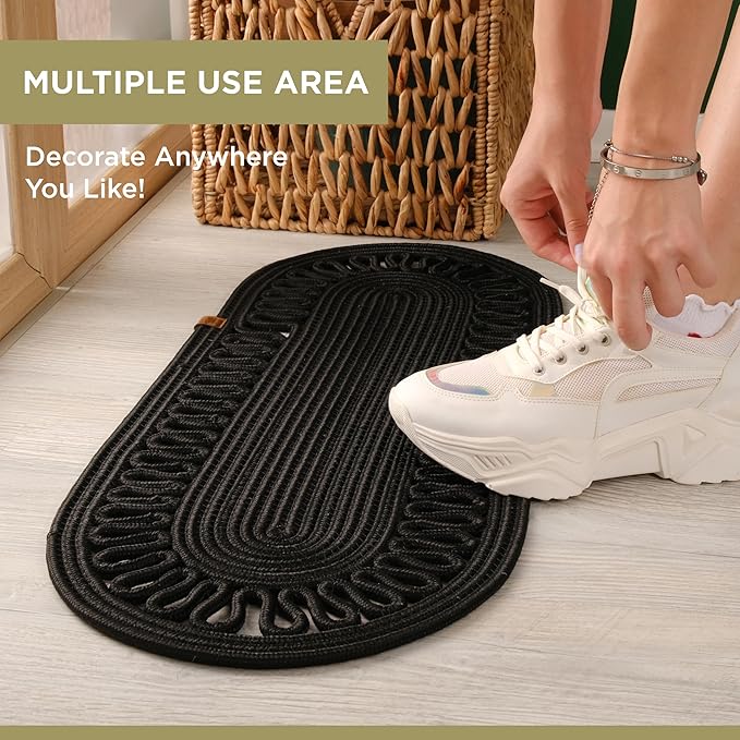 Oval Jute Table Runner | Woven Braided Dining Runner | Natural Textured Rattan Table Runner for Dining Table Coffee Table or Patio 11.8 x 27.5 (Black)