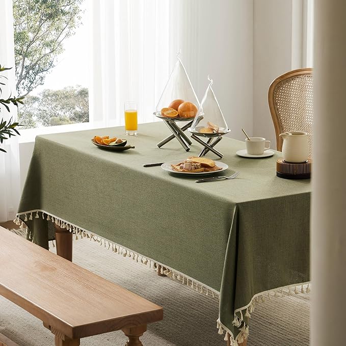 Linen Tablecloth with Tassels, Farmhouse Style Green Tablecloth, Water Resistant Burlap Tablecloths for Rectangle Table, 60x104 Inch Olive