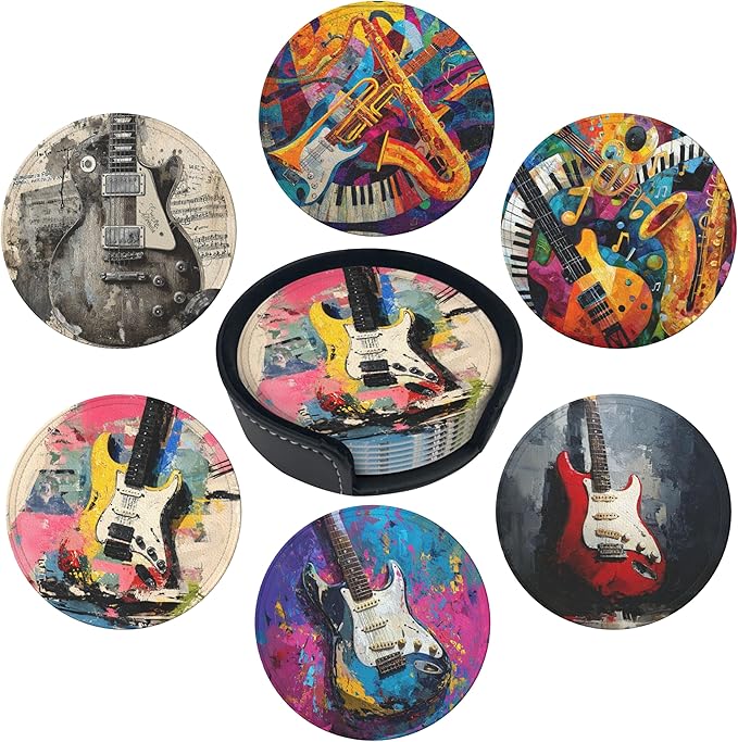 Musical Coasters Leather Round Drink Coasters 6 Pcs Set with Holderor for Cup Drink Coffee Table Bar Home Decor