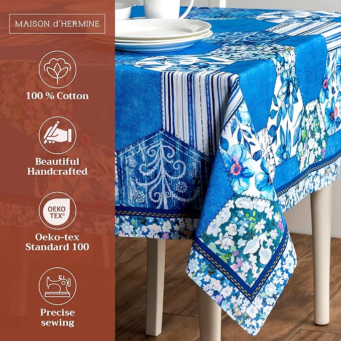 Maison d' Hermine Table Cloth Rectangle Table 100% Cotton 60 x 120 Inches Tablecloth Reusable Decorative for Dining Room Farmhouse Home Valentines Day Decorations Spring Summer - Summer Blues