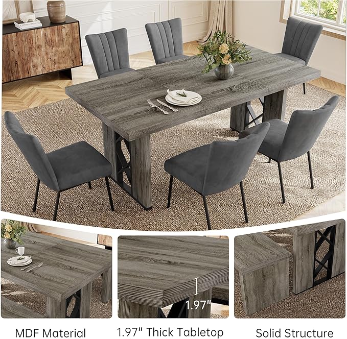 7-Piece Dining Table Set for 6 People, 70.8" MDF Kitchen Table with 6 Velvet Chairs, Space-Saving for Dining Room, Breakfast Nook(Grey Table+6 Grey Chairs)
