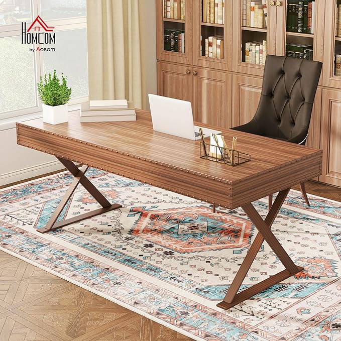 HOMCOM Washable Area Rug, 5'x7' Vintage Indoor Distressed Carpet, Retro Floor Cover Foldable, Floral Print Mat for Living Room, Bedroom, Dining Room, Brown and Blue