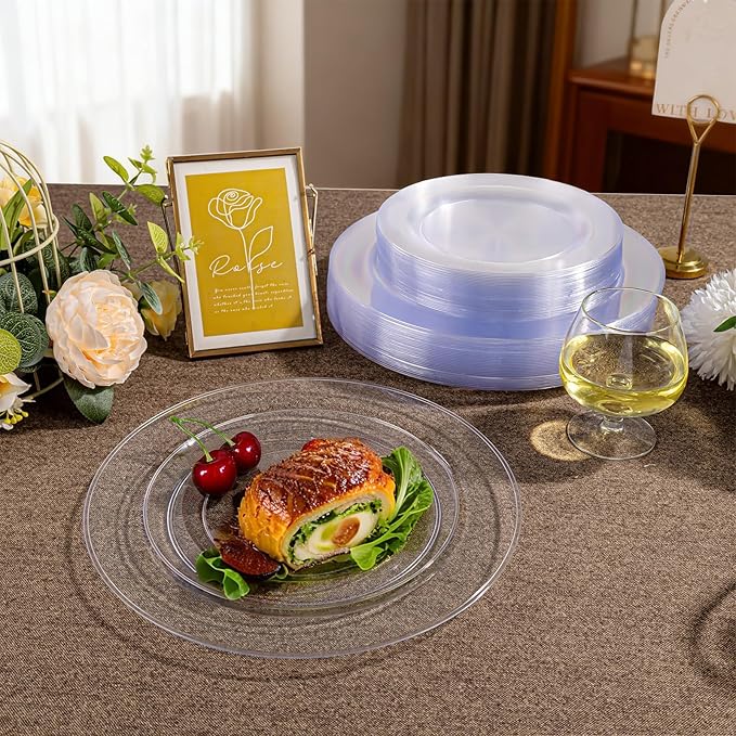 I00000 200PCS Clear Plastic Plates, Disposable Clear Plates for 100 Guests, Premium Dinner and Dessert Plate, Fancy Hard Plastic Party Plate for Birthday, Wedding & Party