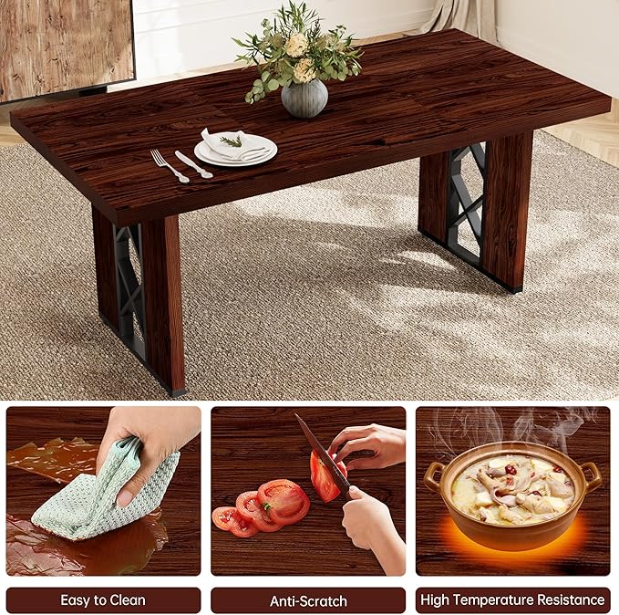 3-Piece Dining Table Set for 6 People, 70.8'' Rectangle Kitchen Table with 2 Benches for Breakfast Nook, Dining Room Furniture(Walnut Table+2 Benches)