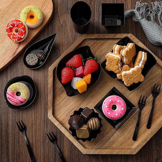 Tessco for you 1600 Pcs Mini Appetizer Plates Dessert Cups with Spoons Forks Set Assorted Shape Plastic Parfait Cups Dessert Plates Container Bowls with Disposable Spoon Fork for Party(Black)