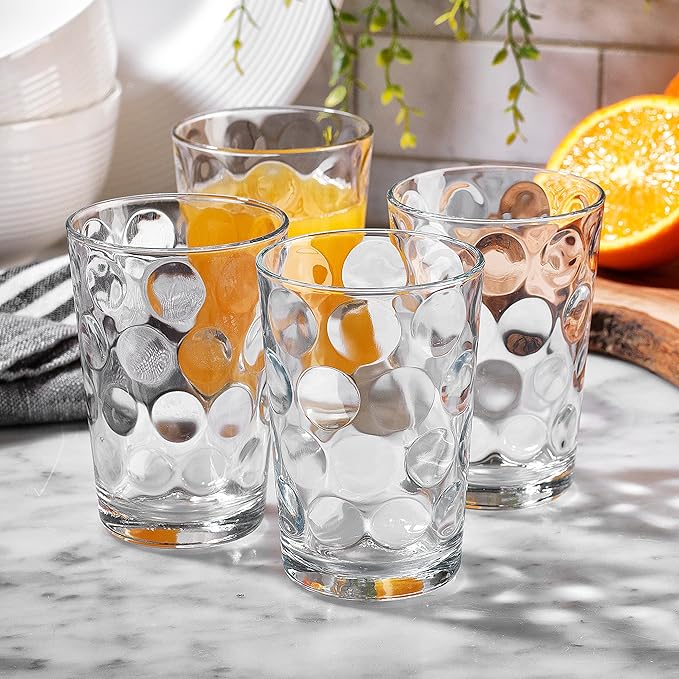 Home Essentials Drinking Glasses Set of 10 Juice Glass Cups, 7 oz Glassware, Inner Circular Lensed Small Glasses. Ideal for Juice, Milk, Water; Dishwasher Safe.