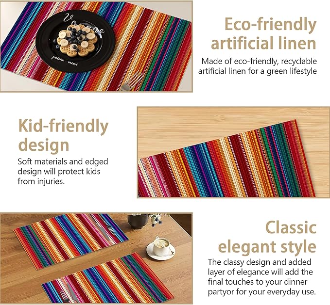 Mexican Placemats Set of 6, Waterproof Linen Fabric, Non-Slip Backing & Easy Clean, Elegant Dining Table Protectors for Family and Guests(Mexican Ethnic Colorful Stripes)